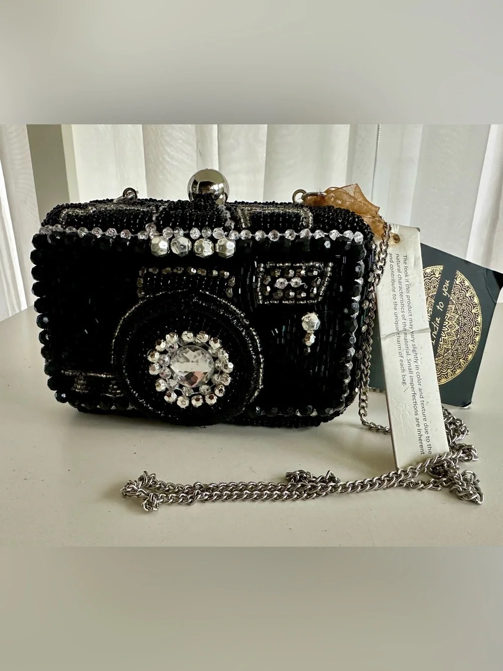 📸 Black Beaded Camera Clutch with Crystal Accents from India to you! NWT